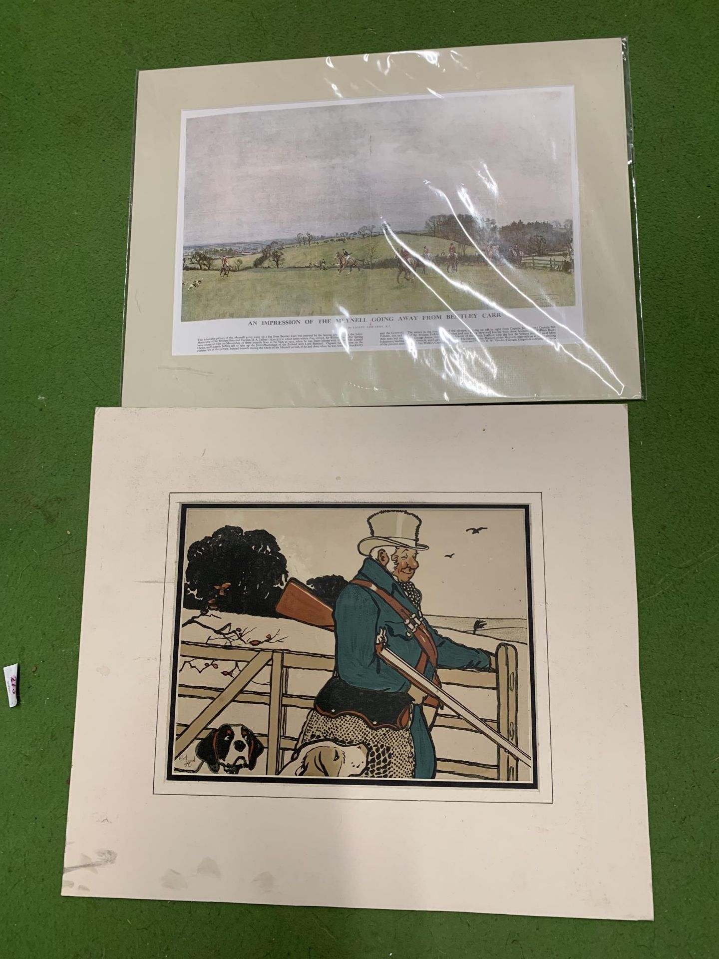 THREE CARDBOARD MOUNTED PRINTS TO INCLUDE 'WAGGON & TEAM', A HUNTING SCENE, ETC - Image 2 of 4