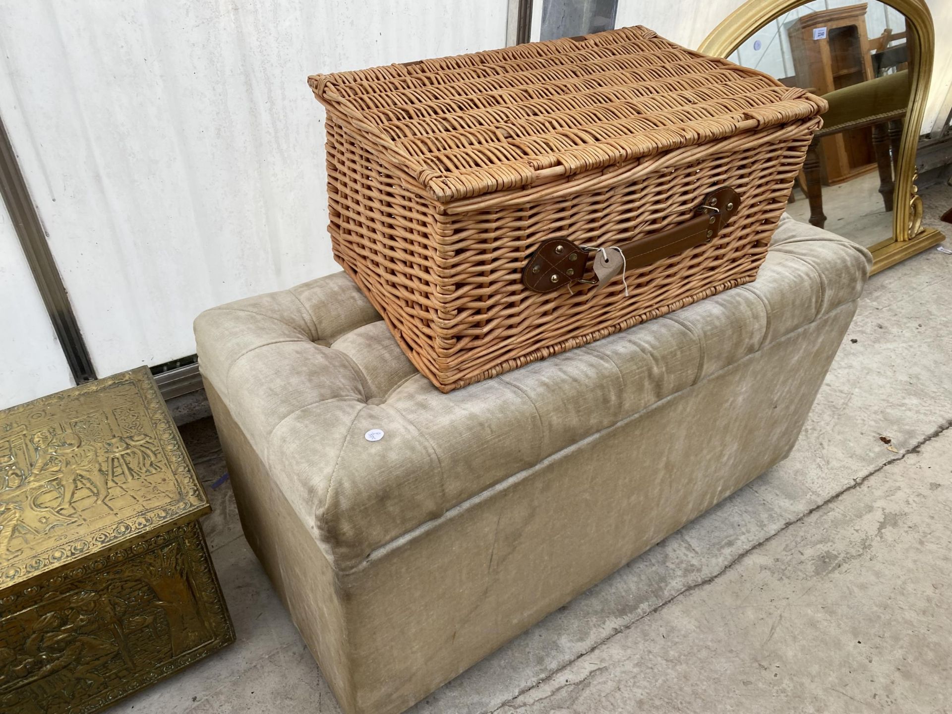 A PICNIC BASKET, MODERN OTTOMAN, SWING FRAME MIRROR, EMBOSSED BRASS COAL BOX AND OAK STOOL - Image 3 of 5