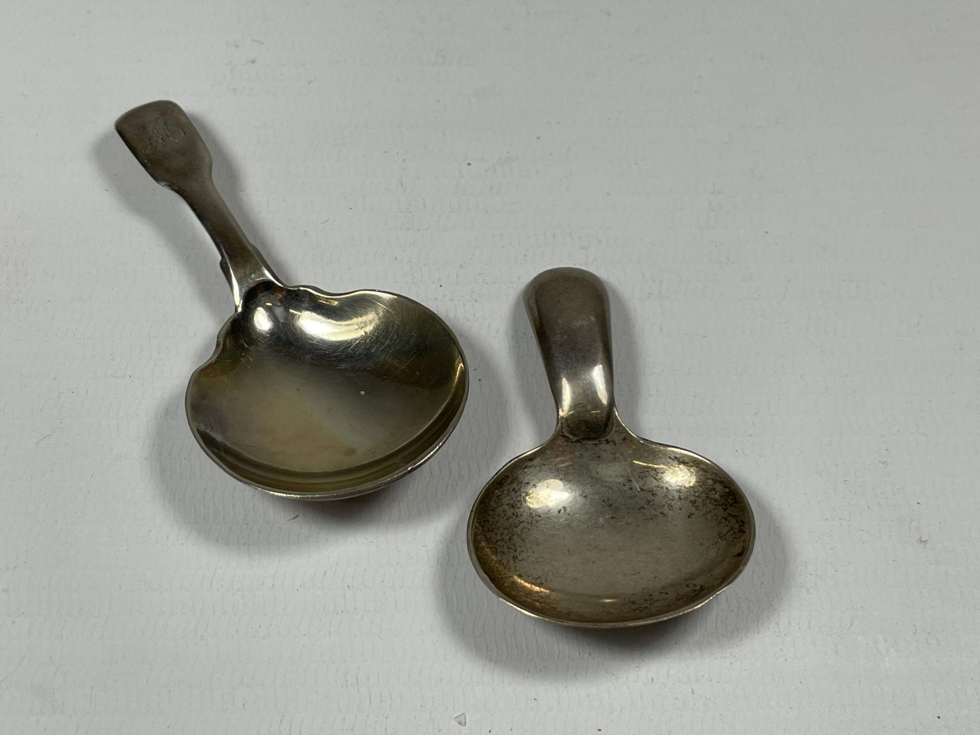 TWO SILVER TEA CADDDY SPOONS / SCOOPS - ONE WILLIAM IV, LONDON, 1836