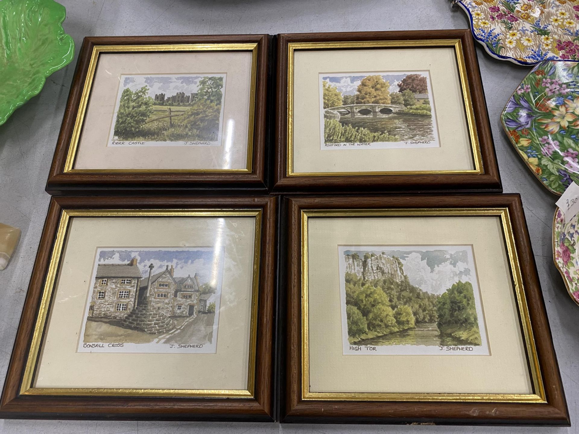 FOUR SMALL FRAMED PRINTS - RIBER CASTLE, ASHFORD IN THE WATER, BONSALL CROSS AND HIGH TOR, ALL BY