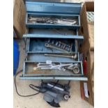 A METAL TOOL BOX CONTAINING AN ASSORTMENT OF TOOLS TO INCLUDE SPANNERS AND SOCKETS ETC