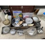 A COLLECTION OF KITCHEN ITEMS TO INCLUDE PANS AND KETTLES ETC