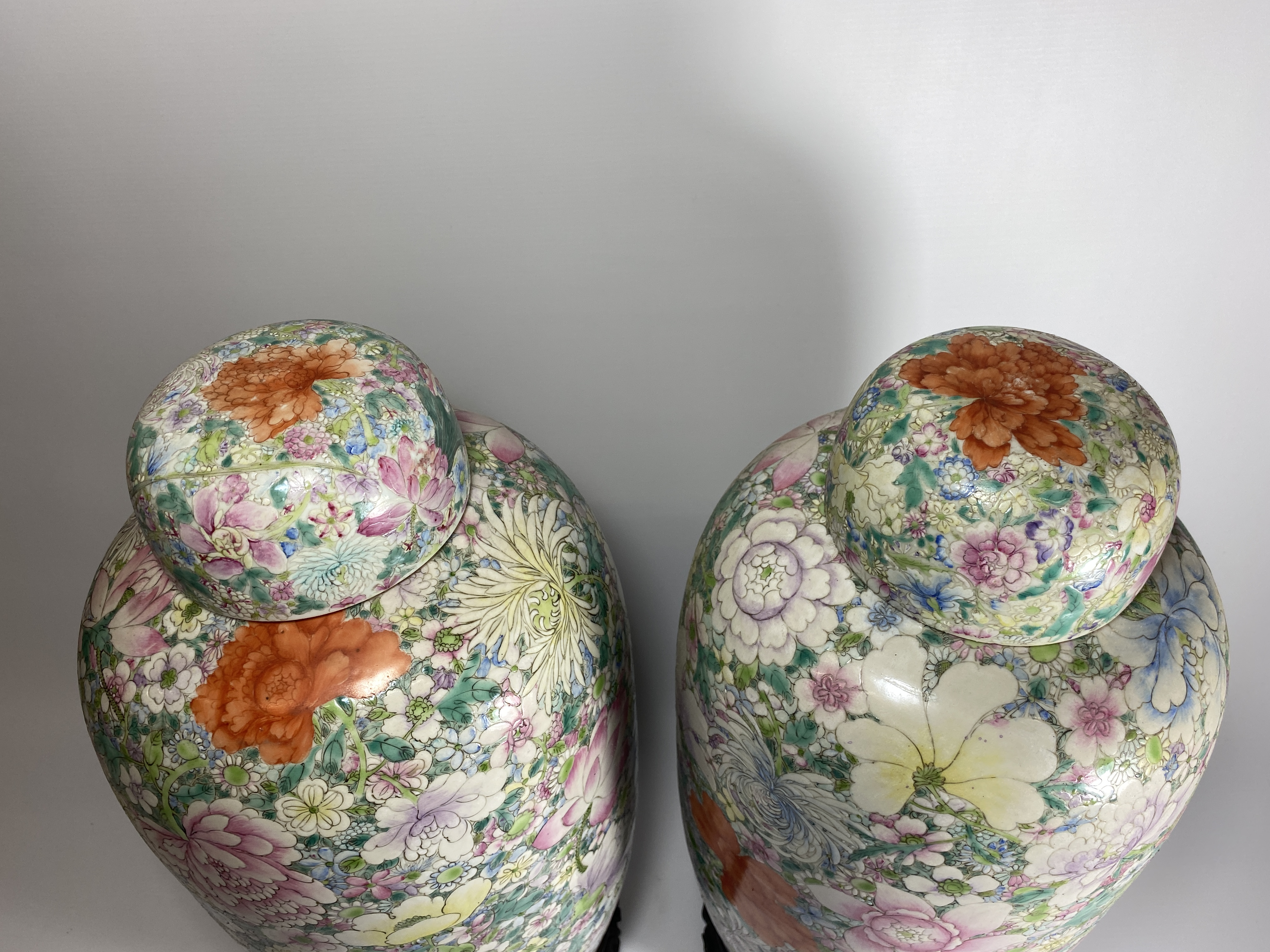 A PAIR OF LATE 19TH CENTURY CHINESE QING FLORAL DESIGN LIDDED JARS ON WOODEN STANDS, QIANLONG MARK - Image 2 of 29