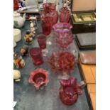 A LARGE QUANTITY OF CRANBERRY GLASS TO INCLUDE JUGS, GLASSES, BOWLS, ETC