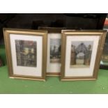 THREE FRAMED PRINTS OF STATELY HOMES, ETC - SIGNED IN PENCIL - IN GILT FRAMES, FRAMES A/F