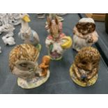 FIVE BESWICK BEATRIX POTTER FIGURES TO INCLUDE OLD MR PRICKLEPIN, OLD MR BROWN, MRS RABBIT, MR DRAKE