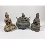 THREE ITEMS - A BRASS & COPPER BUDDHA, FURTHER METAL BUDDHA AND LIDDED CENSOR, HEIGHT 10CM