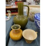 THREE PIECES OF LINTHORPE POTTERY, A GREEN JUG - A/F TO THE SPOUT AND MUSTARD COLOURED CUP AND SMALL