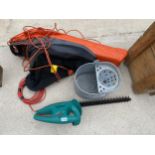AN ELECTRIC LEAF VAC, A BOSCH ELECTRIC HEDGE TRIMMER AND A GALVANISED MOP BUCKET