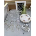 AN ASSORTMENT OF CERAMICS AND GLASS WARE TO INCLUDE PLATES AND VASES ETC