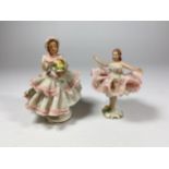 TWO MINIATURE DRESDEN LACE LADY FIGURES, ONE DRESS A/F, HEIGHT 9CM