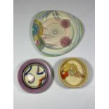 THREE PIECES OF CLARICE CLIFF BIZARRE POTTERY, SIDE PLATE, DISH AND SMALL BOWL