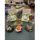 A QUANTITY OF ANIMAL FIGURES TO INCLUDE DUCK BOOKENDS, BIRDS, DEER AND A BORDER FINE ARTS 'KITTEN IN