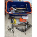 AN ASSORTMENT OF TOOLS TO INBCLUDE A WOOD PLANE, RASPS AND WIRE BRUSHES ETC