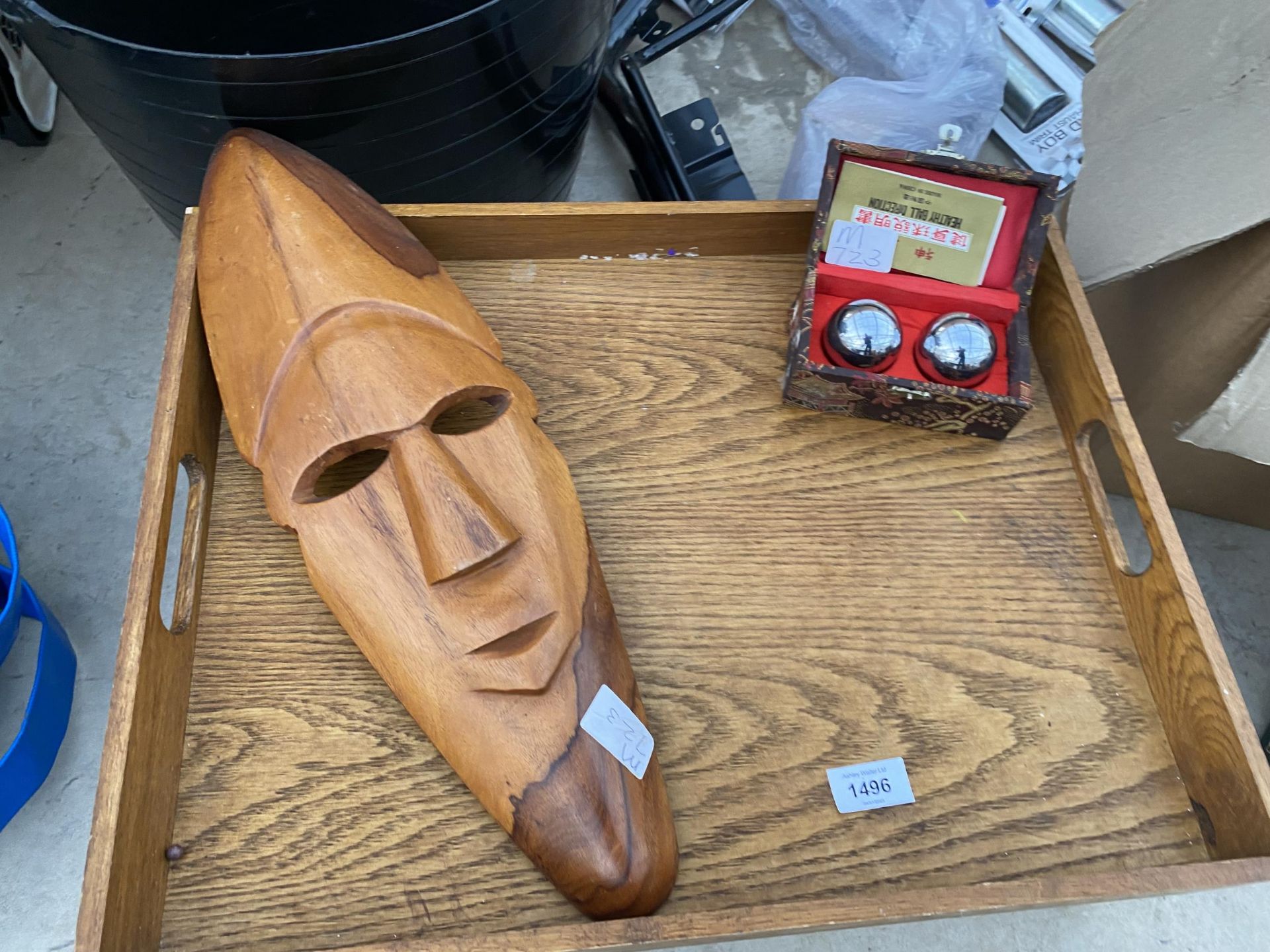 A WOODEN BREAKFAST TRAY, A TREEN WALL MASK AND A SET OF ORIENTAL HEALTH BALLS - Image 2 of 3