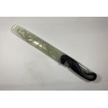 A JADE TYPE ORIENTAL HARDSTONE PAGE TURNER / LETTER OPENER, WITH SEAHORSE DESIGN HANDLE