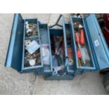 A METAL TOOL BOX WITH A SMALL ASORTMENT OF TOOLS TO INCLUDE SCREW DRIVERS ETC