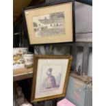 TWO FRAMED PRINTS, ONE A PARIS FASHION PLATE, THE OTHER A FARMHOUSE