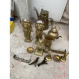 AN ASSORTMENT OF BRASS WARE TO INCLUDE FIRE DOGS, CANDLESTICKS AND A JUG ETC