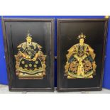 A LARGE PAIR OF ORIENTAL WOODEN FRAMED PLAQUES WITH RESIN FIGURAL DESIGN, 91 X 61CM