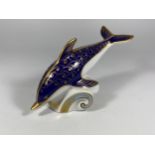 A ROYAL CROWN DERBY DOLPHIN PAPERWEIGHT, SILVER STOPPER