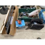 AN ASSORTMENT OF ITEMS TO INCLUDE AN ANGLE GRINDER, ROOF BARS AND AN AXE ETC