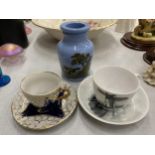 TWO VINTAGE CHINA CUPS AND SAUCERS AND A VICTORIAN TRANSFER PRINTED VASE