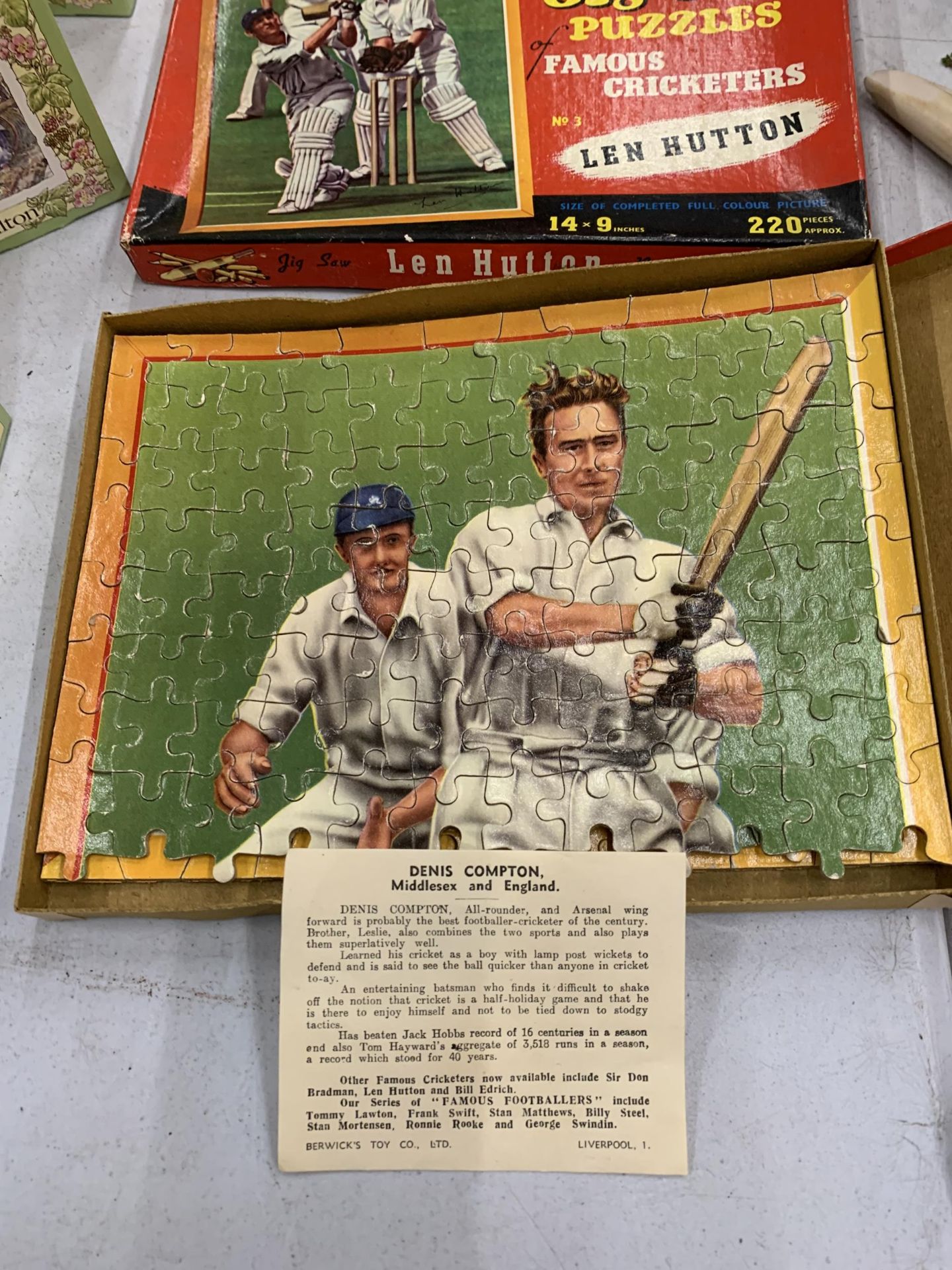 TWO 'BERWICK SERIES OF AUTOGRAPHEDJIGSAW PUZZLES OF FAMOUS CRICKETERS' NO 2 DENIS COMPTON AND NO 3 - Image 2 of 3