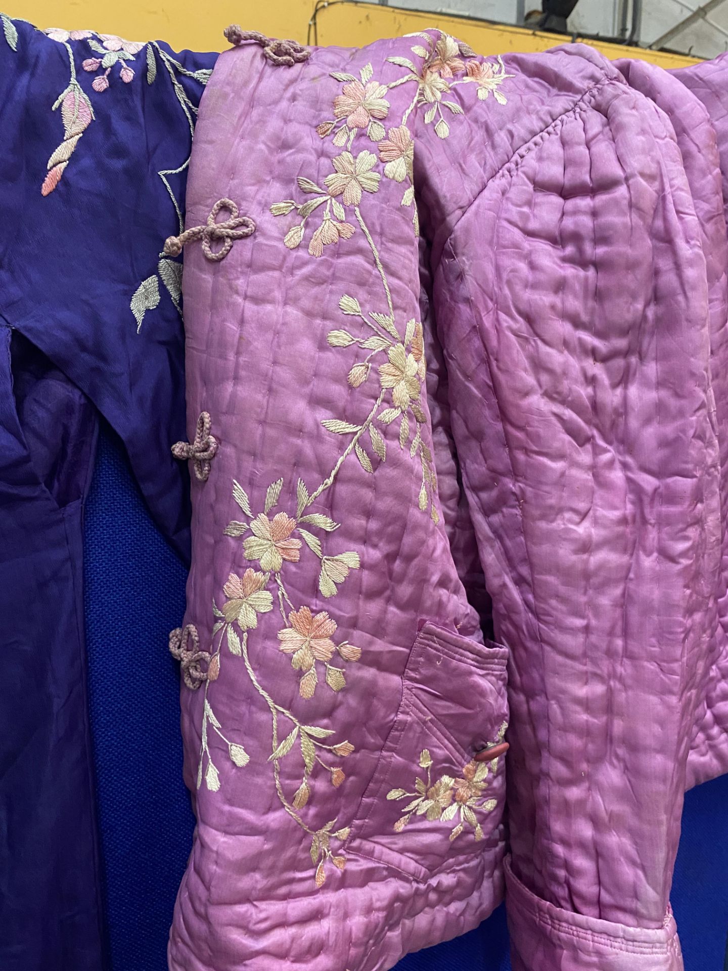 THREE ITEMS - TWO FLORAL EMBROIDERED SILK GOWNS TOGETHER WITH A VINTAGE ORIENTAL PARASOL - Image 4 of 4