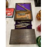 TWO VINTAGE BOXES, ONE CONTAINING TECHNICAL DRAWING EQUIPMENT, ETC