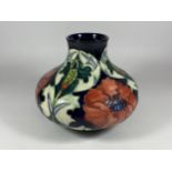 A MOORCROFT POPPY PATTERN SQUAT VASE DESIGNED BY RACHEL BISHOP, DATED 1996, HEIGHT 18CM, (SECONDS)