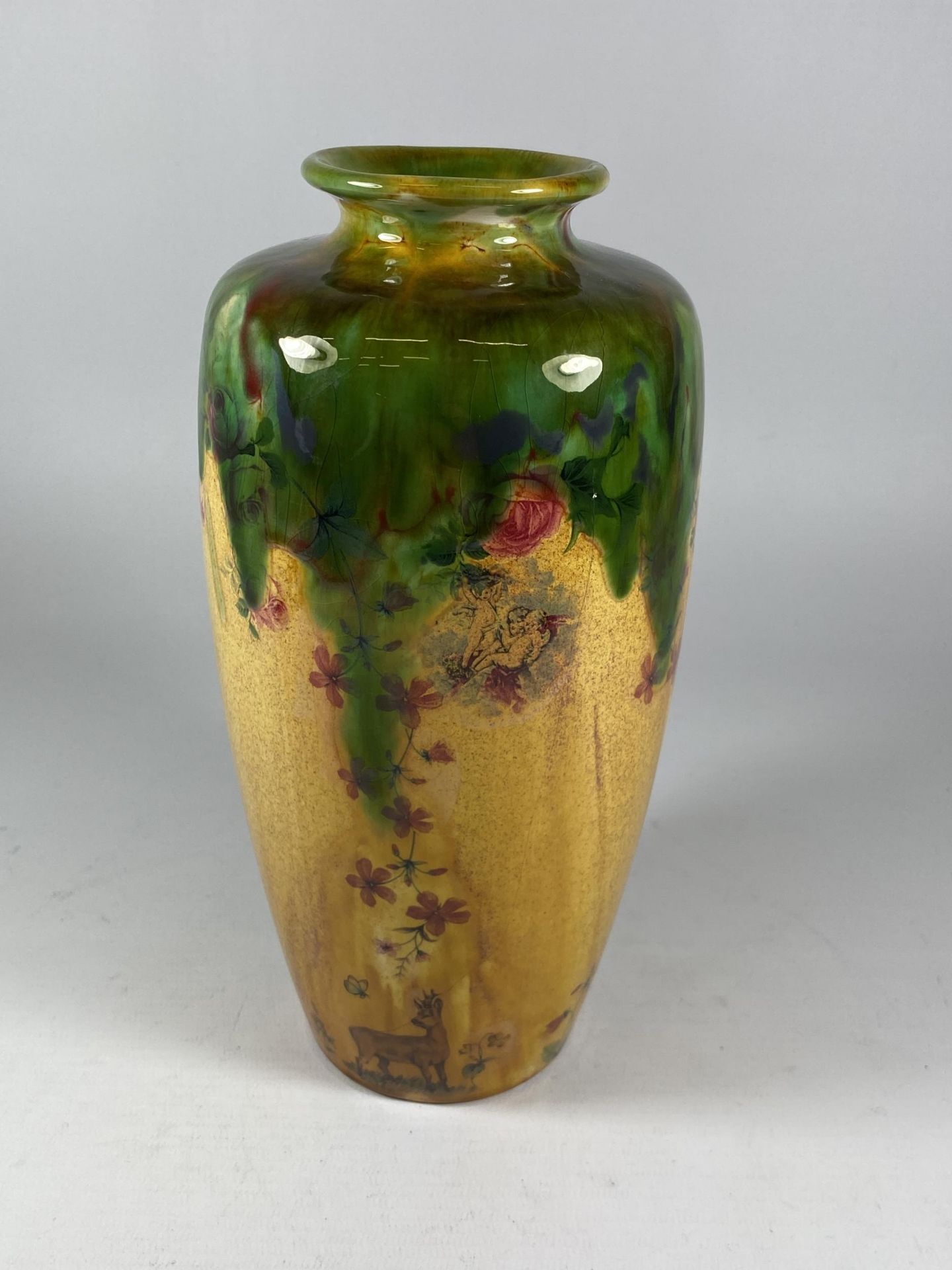 A VINTAGE LUSTRE STYLE YELLOW & GREEN DRIP VASE, SIGNED EVE