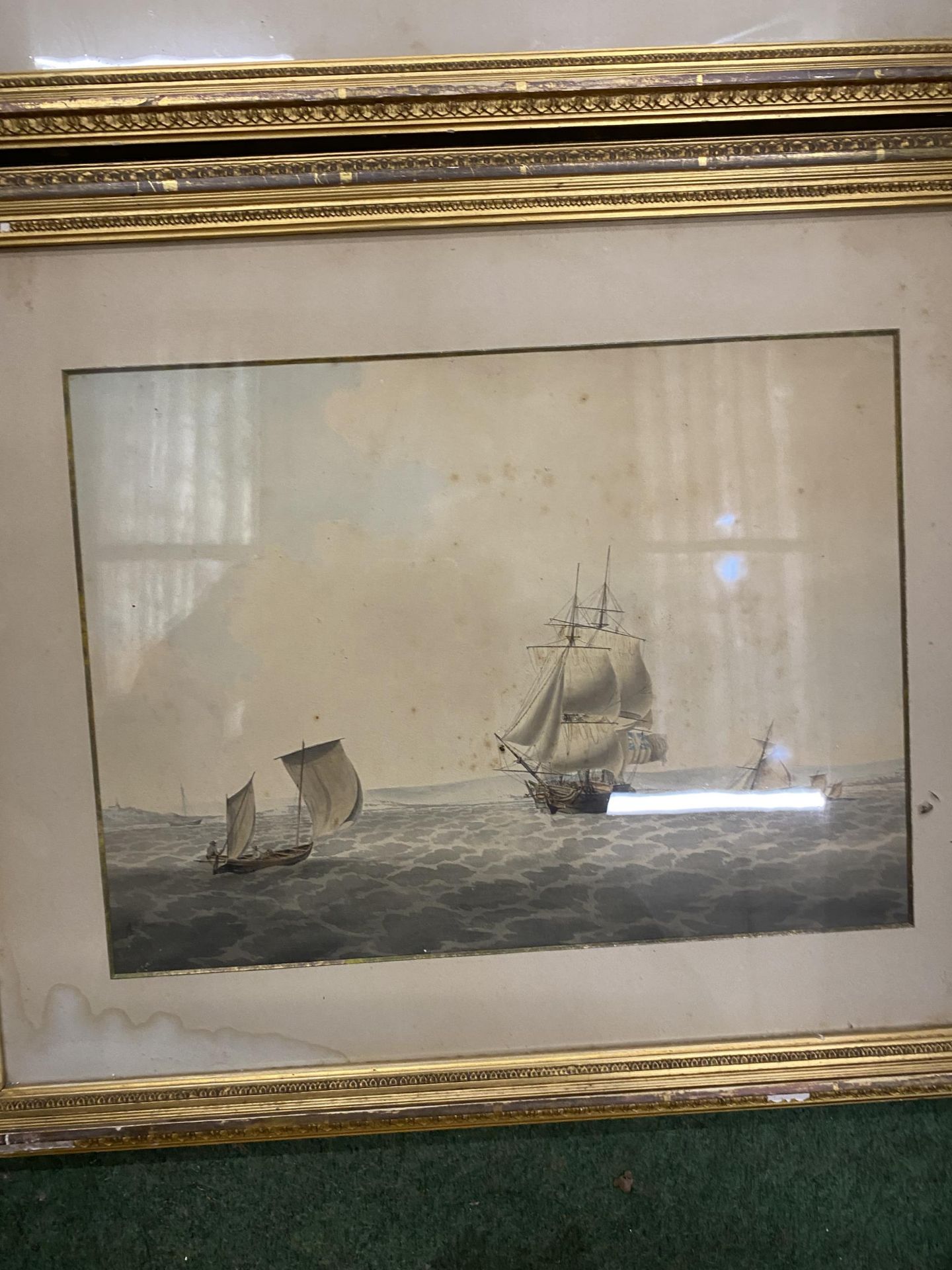 A PAIR OF 19TH CENTURY GILT FRAMED MARITIME / NAVAL WATERCOLOURS OF SAILING VESSELS, BOTH WITH - Image 4 of 8