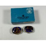A BOXED PAIR OF VINTAGE BLUE STONE BUTTONS / CLIPS