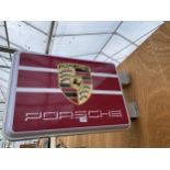 AN ILLUMINATED DOUBLE SIDED WALL MOUNTED 'PORSCHE' SIGN WITH PLUG AND CABLE