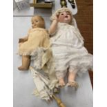 TWO VINTAGE DOLLS, ONE LARGE WITH A CERAMIC HEAD MARKED GERMANY, THE OTHER MARKED 'ROSEBUD'