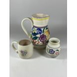 A GROUP OF THREE 1950/1960'S POOLE POTTERY CERAMICS, LARGE JUG, VASE AND SMALL MUG