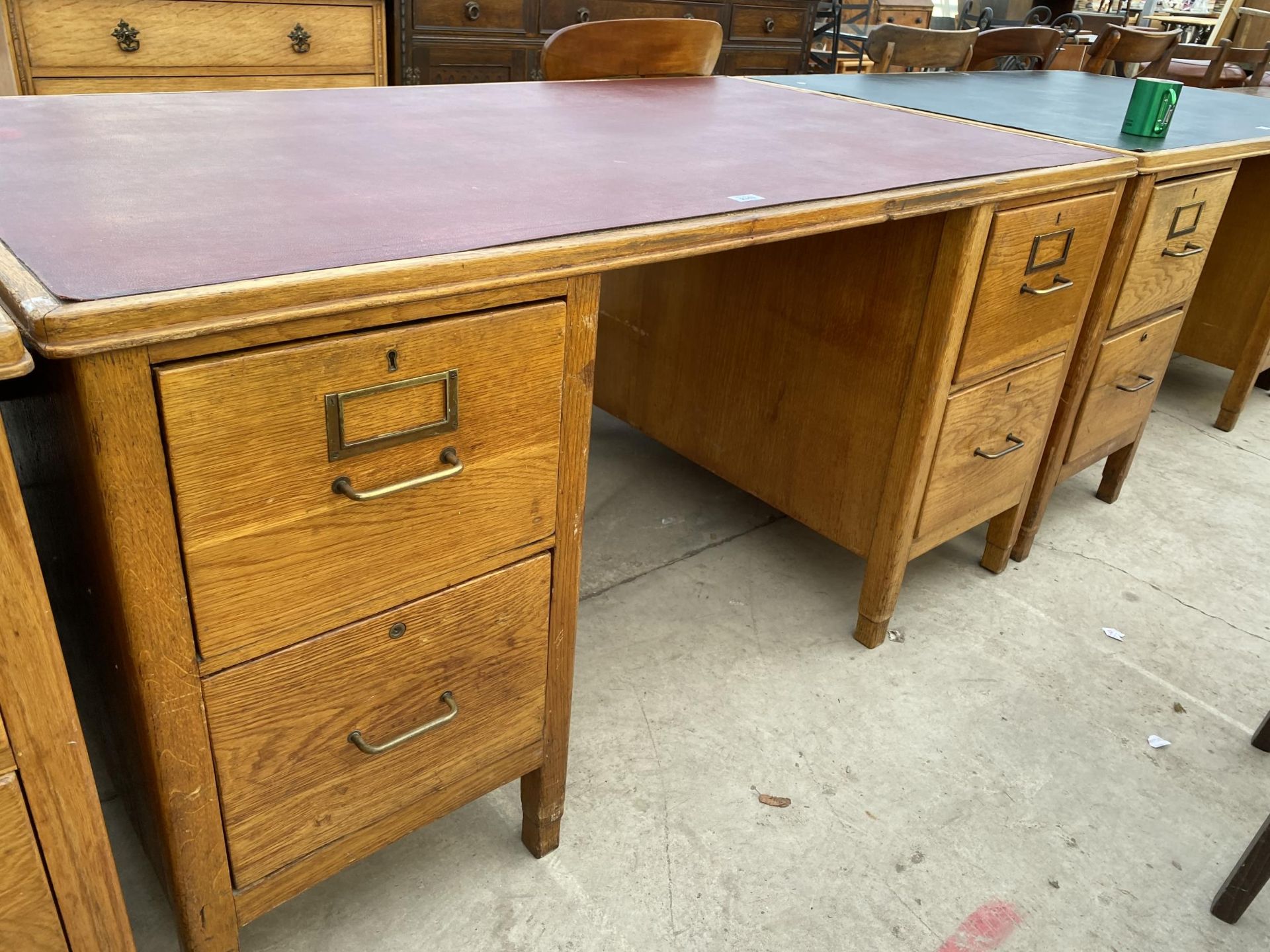 AN OAK TWIN PEDESTAL DESK WITH INSET LEATHERETTE TOP, 60X36" - Image 2 of 4