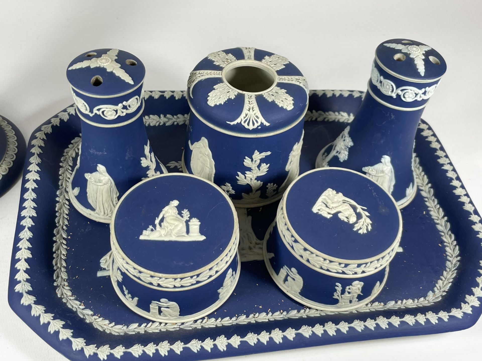 AN ADAMS JASPERWARE POTTERY DRESSING TABLE SET WITH A PAIR OF CANDLESTICKS - Image 3 of 3