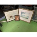THREE VINTAGE FRAMED PRINTS TO INCLUDE 'MAILCOACH', A CASTLE SCENE AND A YOUNG GIRL IN PRAYER