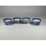 FOUR 19TH CENTURY CHINESE QING EXPORT PORCELAIN CANTON BLUE & WHITE TEA BOWLS, DIAMETER 9CM