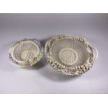 TWO PIECES OF BELLEEK CRESTED WARE CHINA - 1ST PERIOD BOWL (HANDLE A/F) AND 8TH MARK SMALLER BOWL,