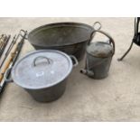A VINTAGE GALVANISED TIN BATH, A GALVANISED WATERING CAN AND A GALVANISED PAN
