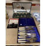 THREE BOXES OF VINTAGE FLATWARE TO INCLUDE FISH KNIVES AND FORKS, A BABY FEEDER SET AND FORKS AND