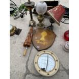 AN ASSORTMENT OF ITEMS TO INCLUDE LAMPS, A PORTHOLE STYLE MIRROR AND A VINTAGE ORIENTAL UMBRELLA ETC