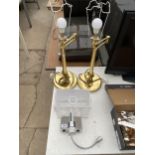 A PAIR OF BRASS EFFECT TABLE LAMPS AND A WALL LIGHT FITTING WITH SHADE