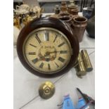 A VINTAGE MAHOGANY CASED WALL CLOCK WITH FLORAL FACE WITH PENDULUM AND WEIGHTS