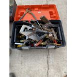 A LARGE PLASTIC TOOL BOX CONTAINING A LARGE ASSORTMENT OF TOOLS TO INCLUDE ADJUSTABLE SPANNERS,