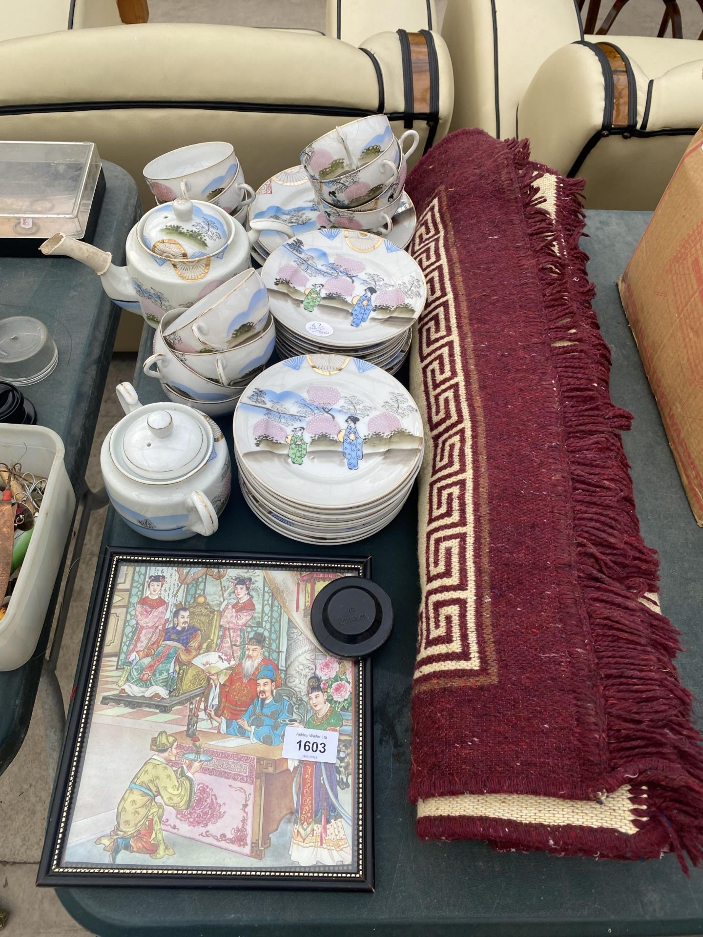 AN ASSORTMENT OF ORIENTAL STYLE ITEMS TO INCLUDE A FRAMED PRINT, A TEA SERVICE AND A RUG ETC