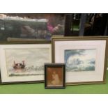 THREE VINTAGE FRAMED PRINTS TO INCLUDE 'MAILCOACH', A CASTLE SCENE AND A YOUNG GIRL IN PRAYER